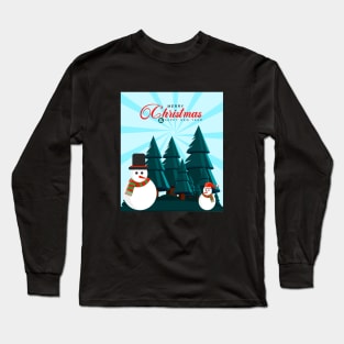 Merry Christmas and New Year greetings with snowman and pine tree with snow Long Sleeve T-Shirt